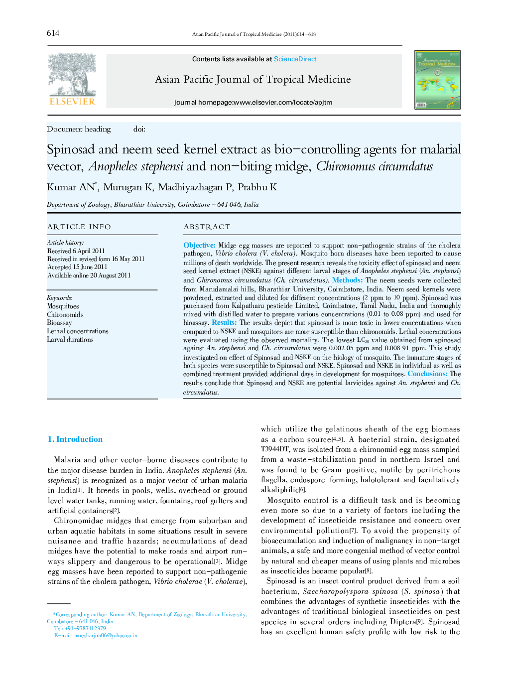 Spinosad and neem seed kernel extract as bio–controlling agents for malarial vector, Anopheles stephensi and non–biting midge, Chironomus circumdatus 