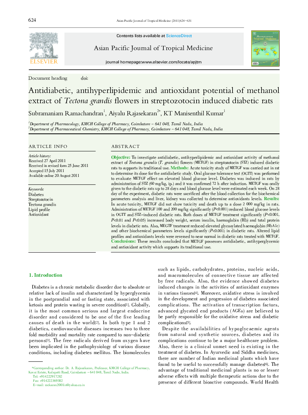 Antidiabetic, antihyperlipidemic and antioxidant potential of methanol extract of Tectona grandis flowers in streptozotocin induced diabetic rats 