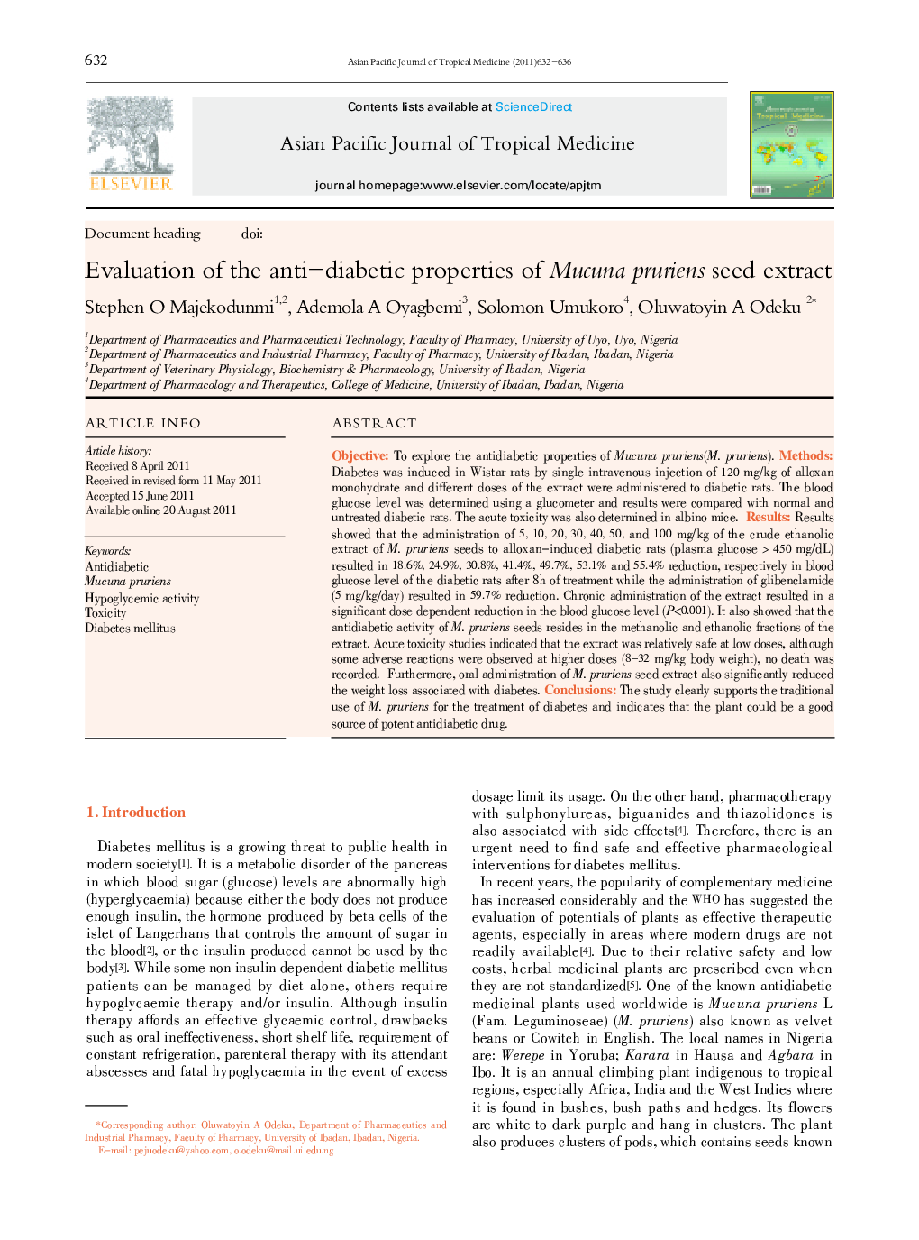 Evaluation of the anti–diabetic properties of Mucuna pruriens seed extract 