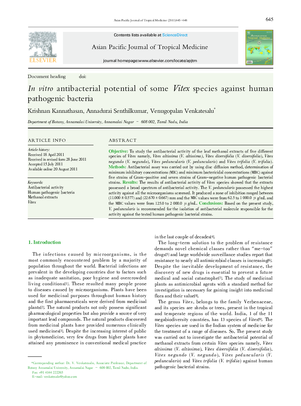 In vitro antibacterial potential of some Vitex species against human pathogenic bacteria 