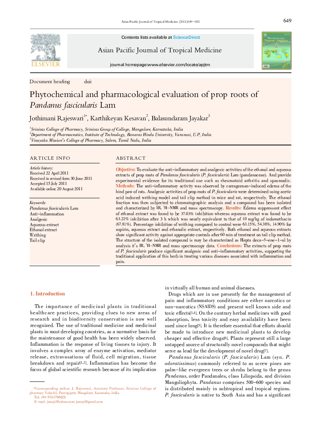 Phytochemical and pharmacological evaluation of prop roots of Pandanus fascicularis Lam 