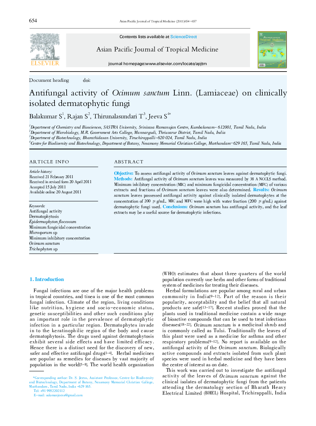 Antifungal activity of Ocimum sanctum Linn. (Lamiaceae) on clinically isolated dermatophytic fungi 