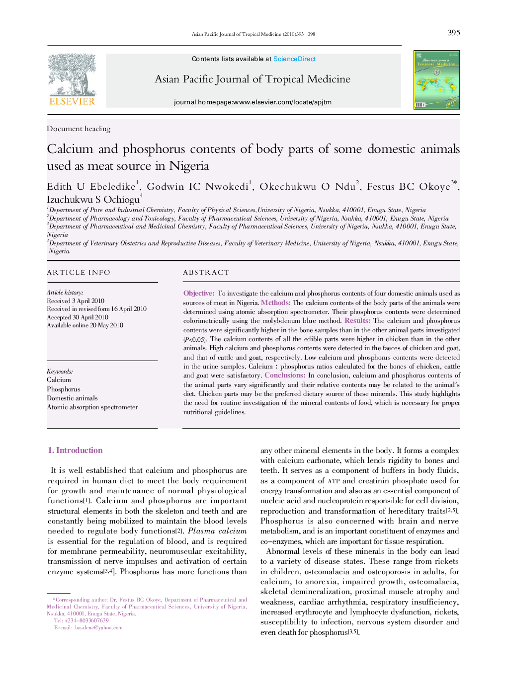 عکس صفحه اول مقاله: Calcium and phosphorus contents of body parts of some domestic animals used as meat source in Nigeria Calcium and phosphorus contents of body parts of some domestic animals used as meat source in Nigeria