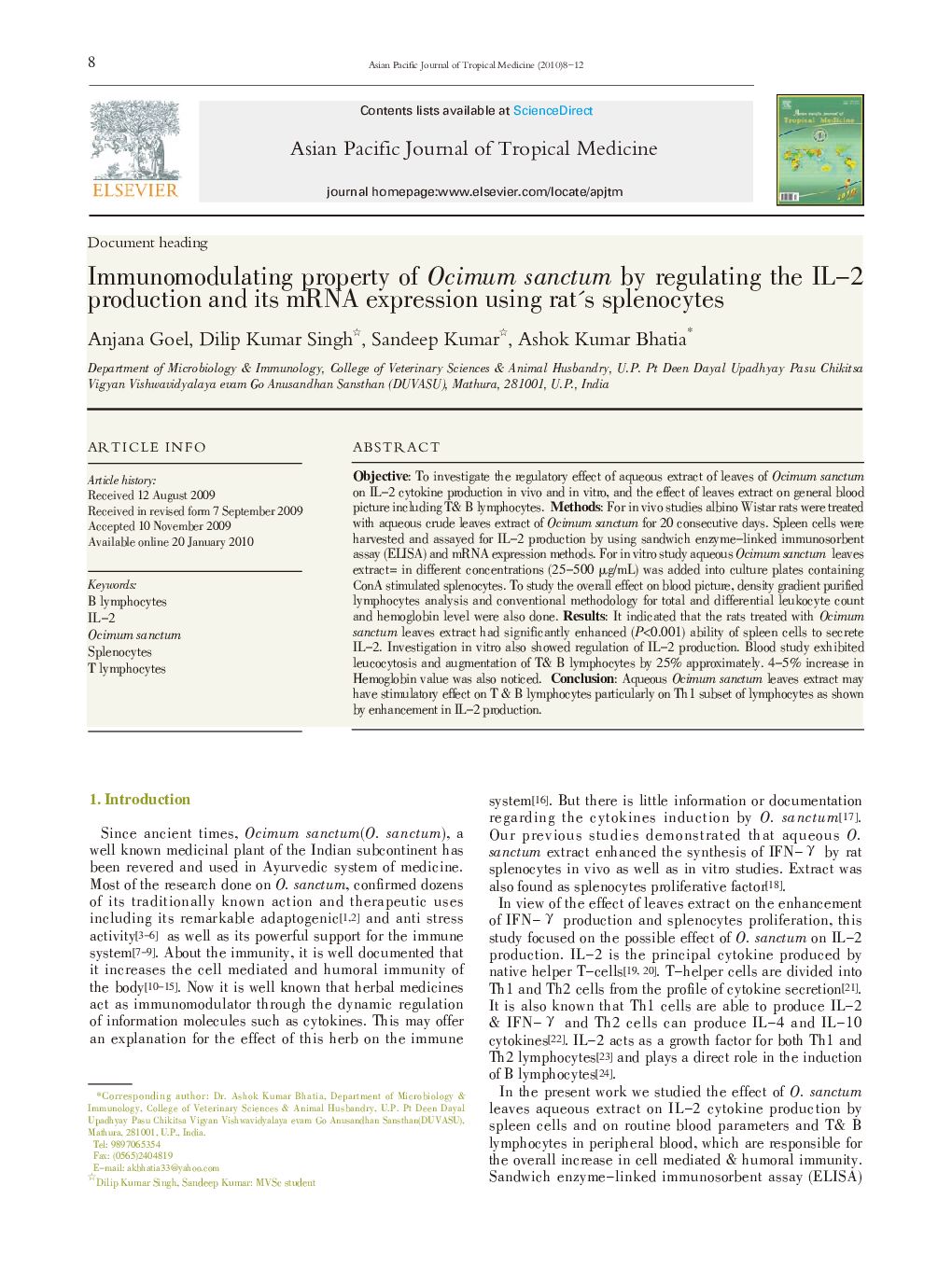 Immunomodulating property of Ocimum sanctum by regulating the IL-2 production and its mRNA expression using rat's splenocytes 