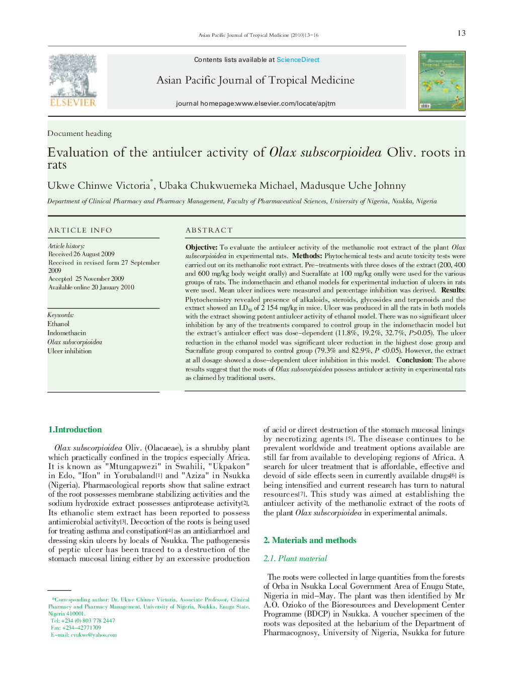 Evaluation of the antiulcer activity of Olax subscorpioidea Oliv. roots in rats 