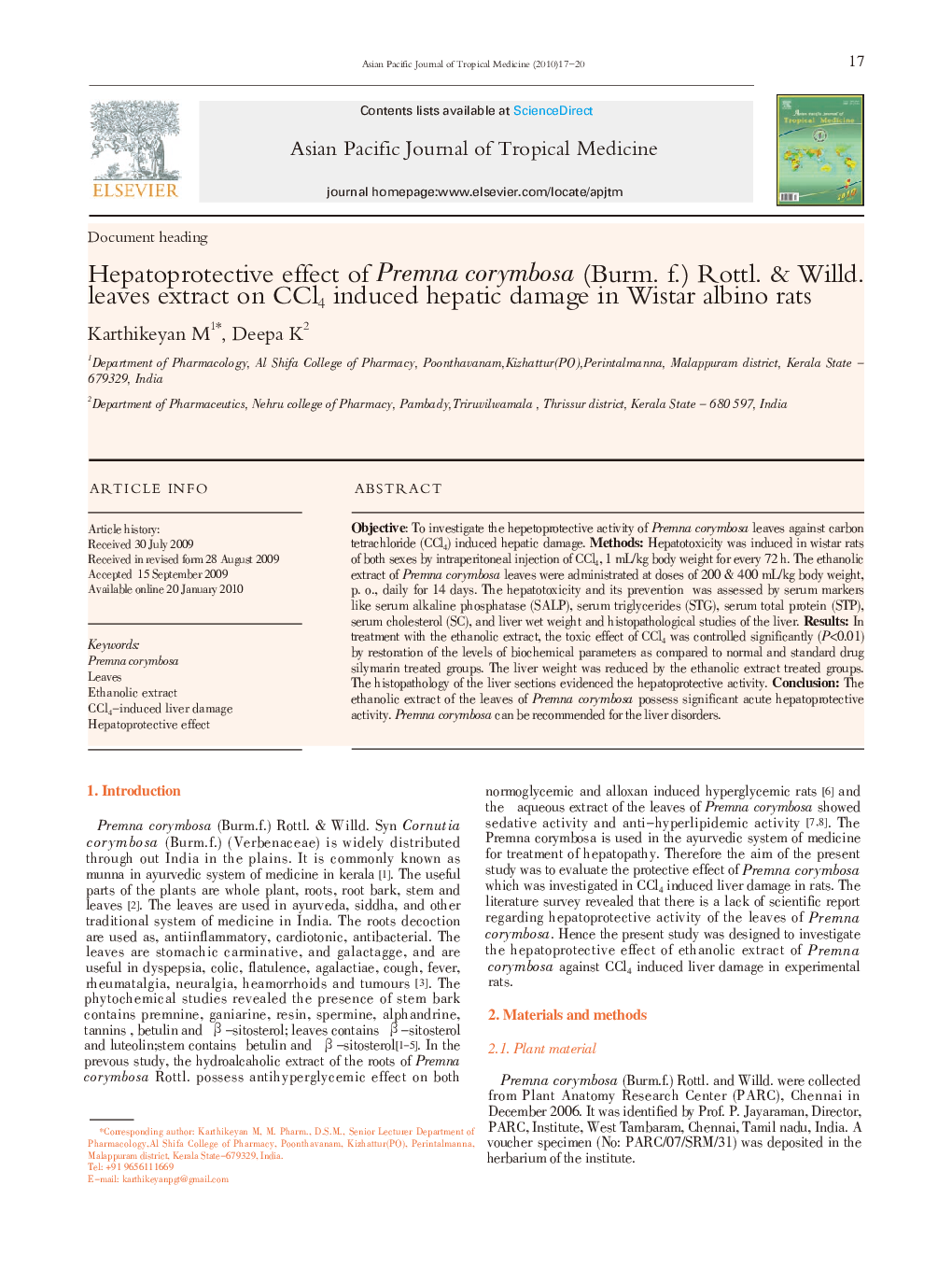 Hepatoprotective effect of Premna corymbosa (Burm. f.) Rottl. & Willd. leaves extract on CCl4 induced hepatic damage in Wistar albino rats 