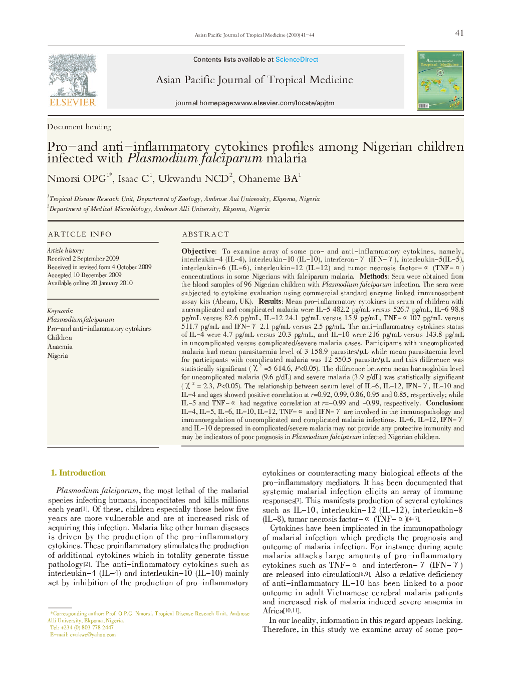 Pro–and anti–inflammatory cytokines profiles among Nigerian children infected with Plasmodium falciparum malaria 