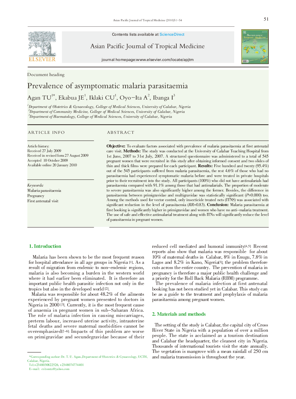 Prevalence of asymptomatic malaria parasitaemia 
