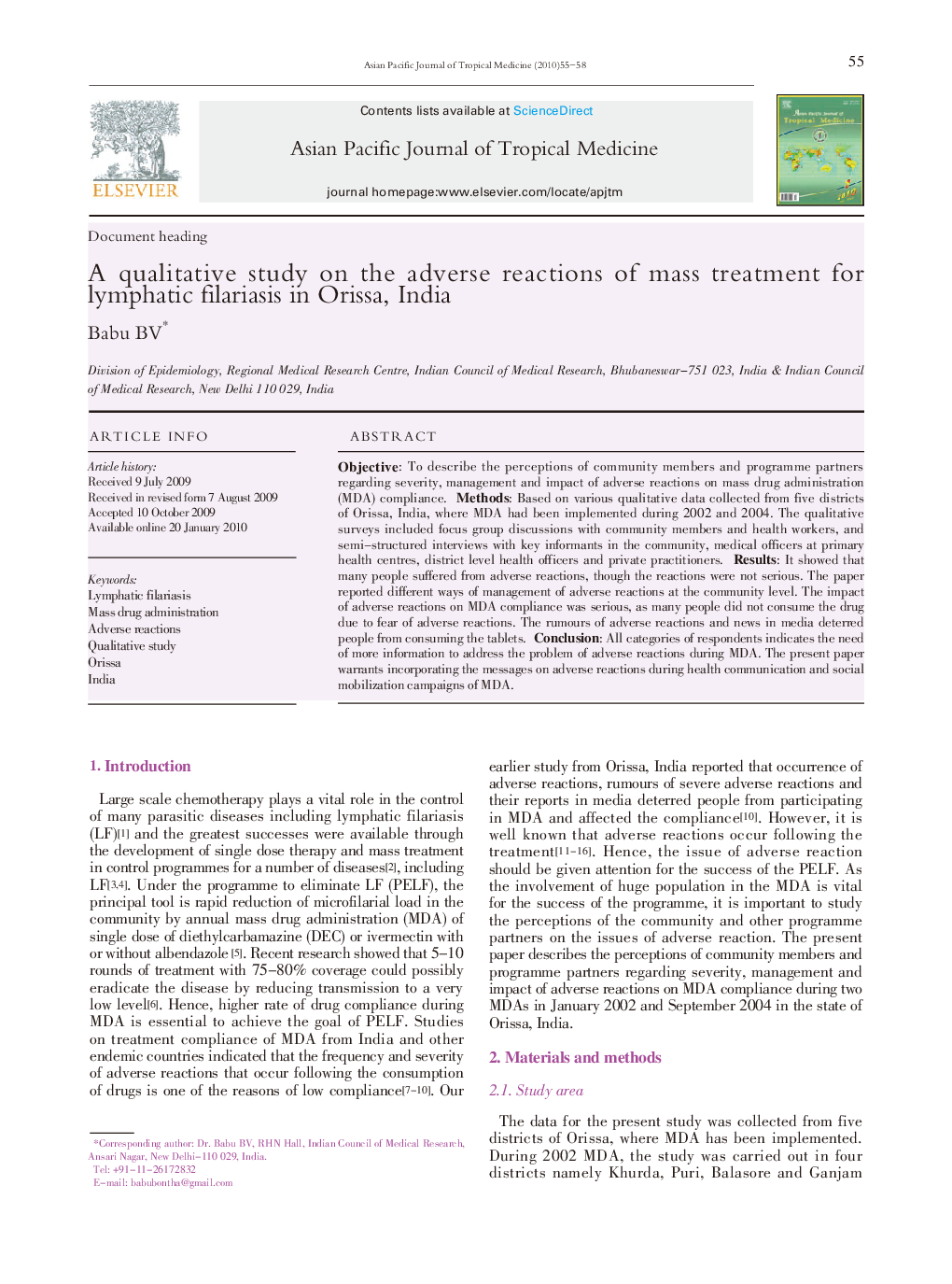 A qualitative study on the adverse reactions of mass treatment for lymphatic filariasis in Orissa, India 