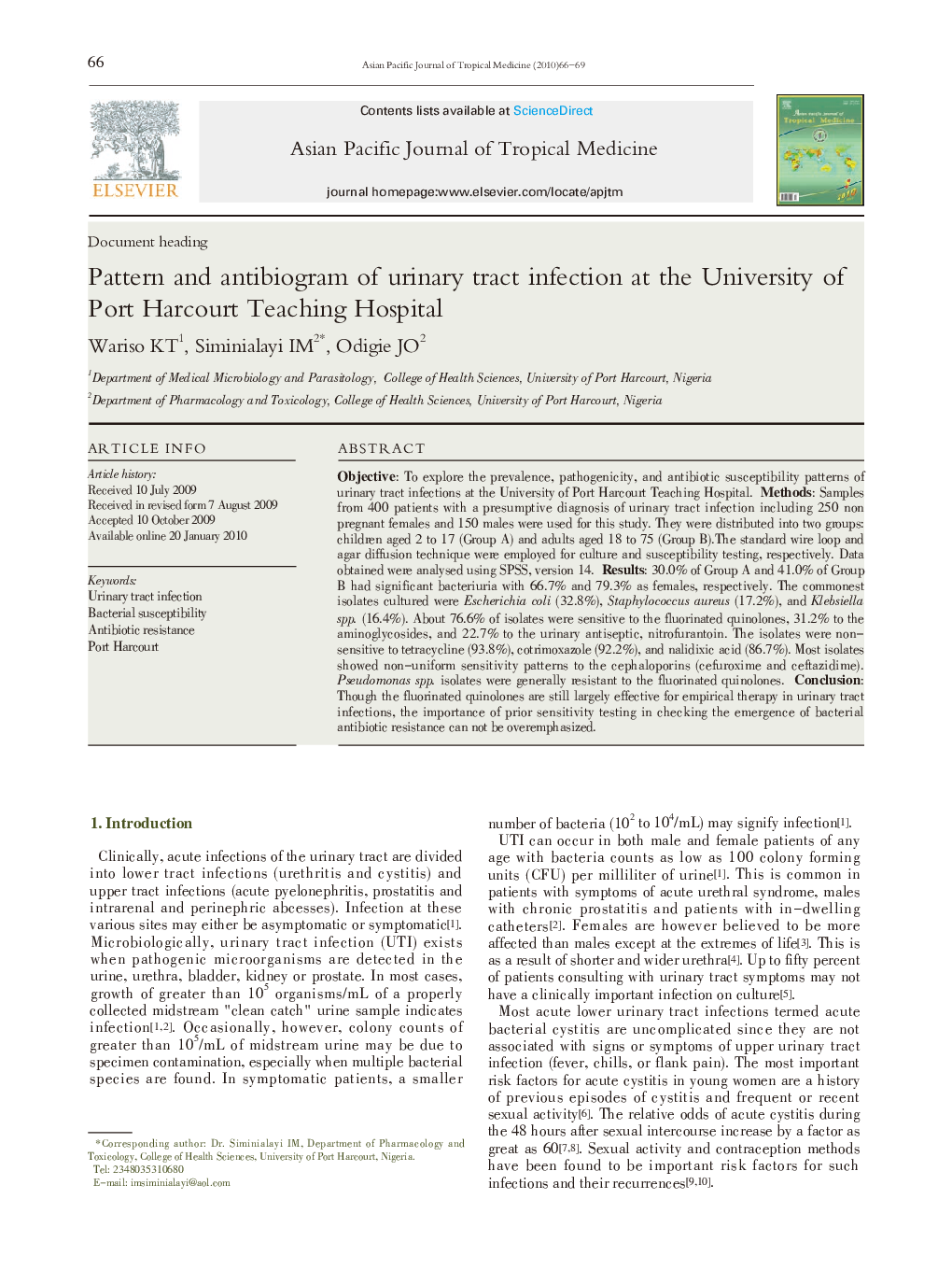 Pattern and antibiogram of urinary tract infection at the University of Port Harcourt Teaching Hospital 