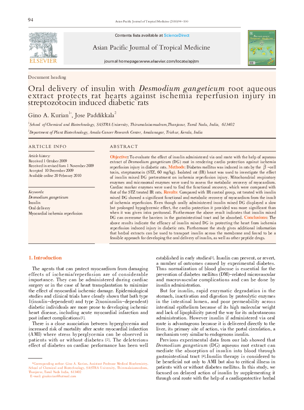 Oral delivery of insulin with Desmodium gangeticum root aqueous extract protects rat hearts against ischemia reperfusion injury in streptozotocin induced diabetic rats 