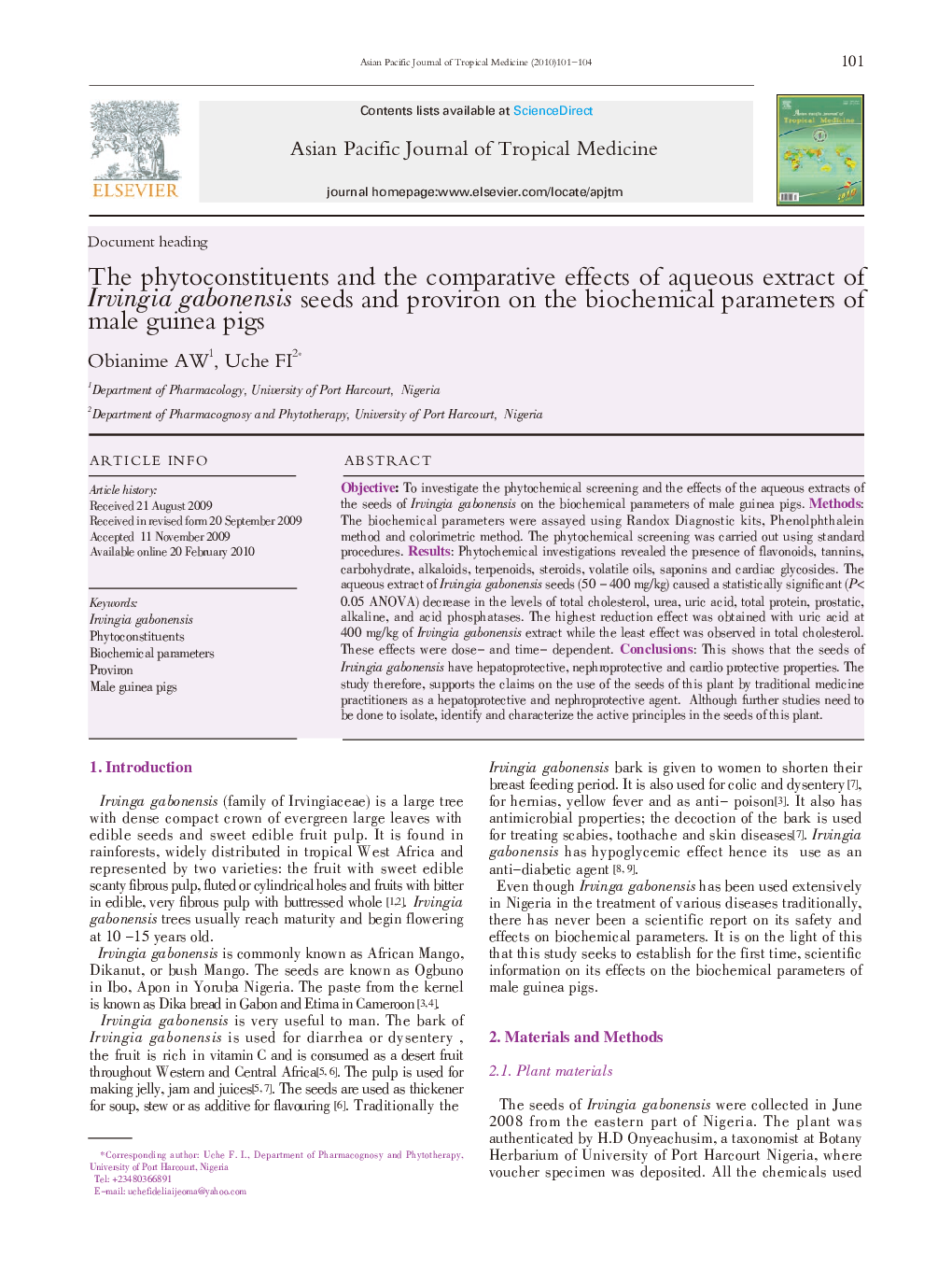 The phytoconstituents and the comparative effects of aqueous extract of Irvingia gabonensis seeds and proviron on the biochemical parameters of male guinea pigs 