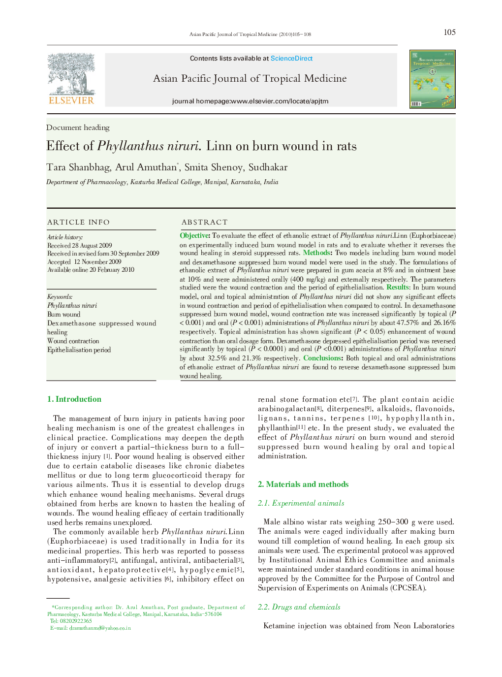 Effect of Phyllanthus niruri. Linn on burn wound in rats 