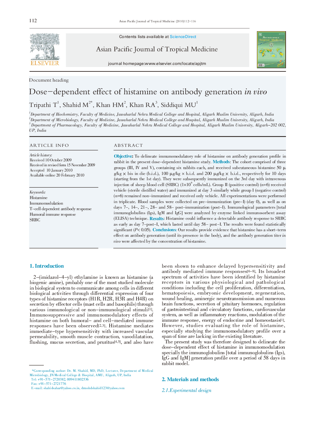 Dose-dependent effect of histamine on antibody generation in vivo 