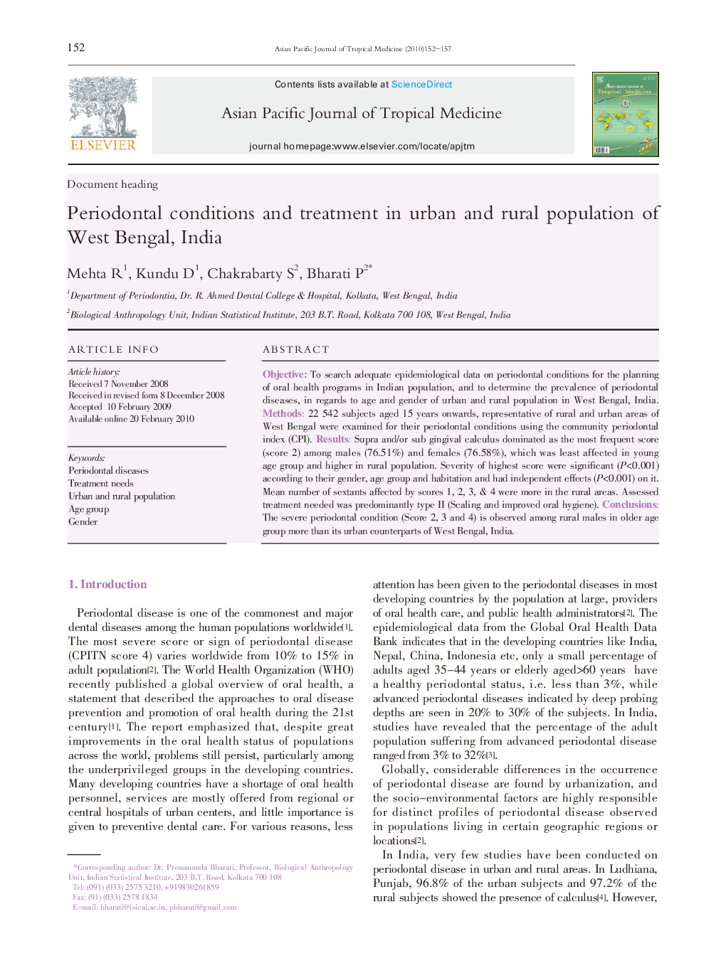 Periodontal conditions and treatment in urban and rural population of West Bengal, India 