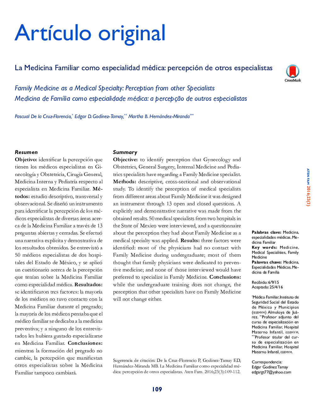 La Medicina Familiar como especialidad médica: percepción de otros especialistas 