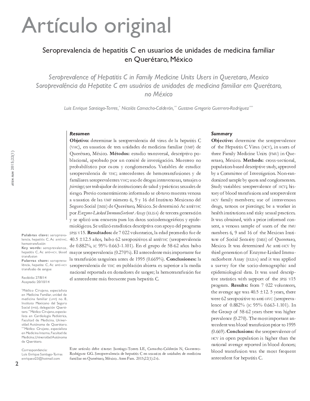 Seroprevalencia de hepatitis C en usuarios de unidades de medicina familiar en Querétaro, México *