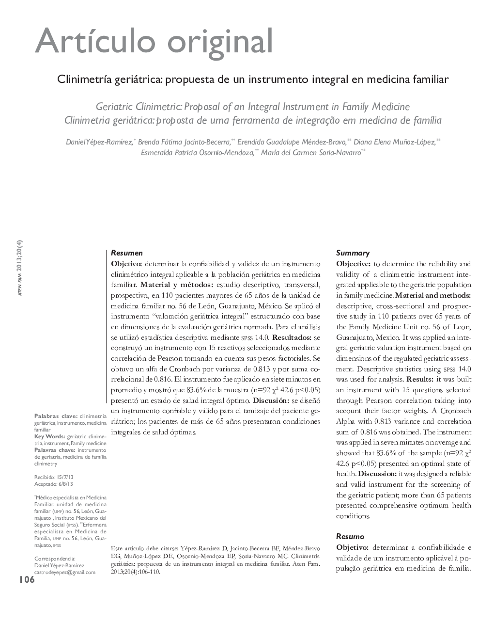 Clinimetría geriátrica: propuesta de un instrumento integral en medicina familiar*