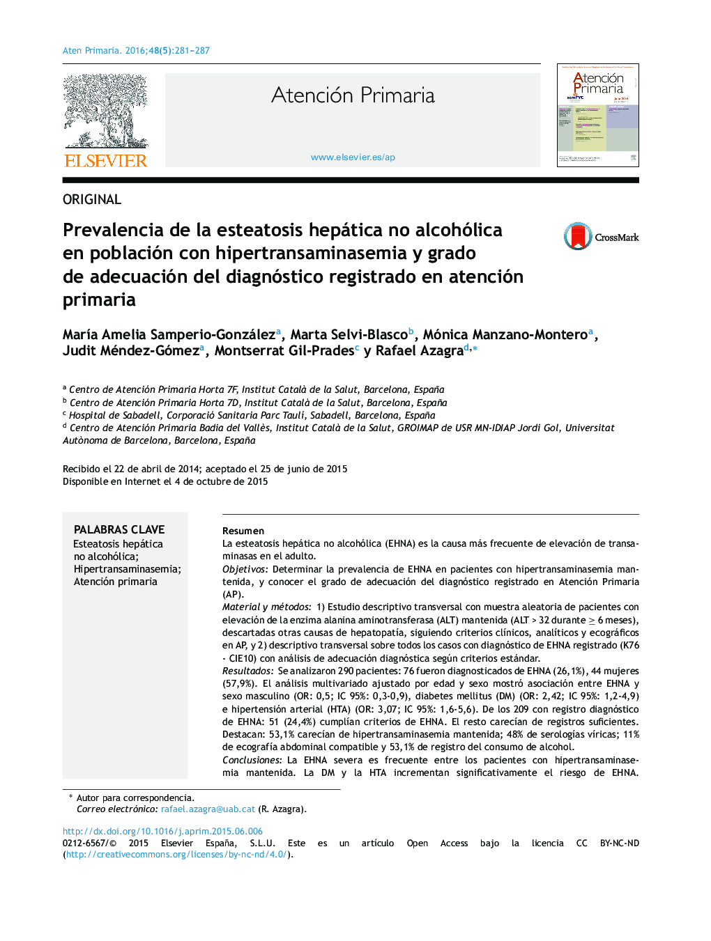 Prevalencia de la esteatosis hepática no alcohólica en población con hipertransaminasemia y grado de adecuación del diagnóstico registrado en atención primaria