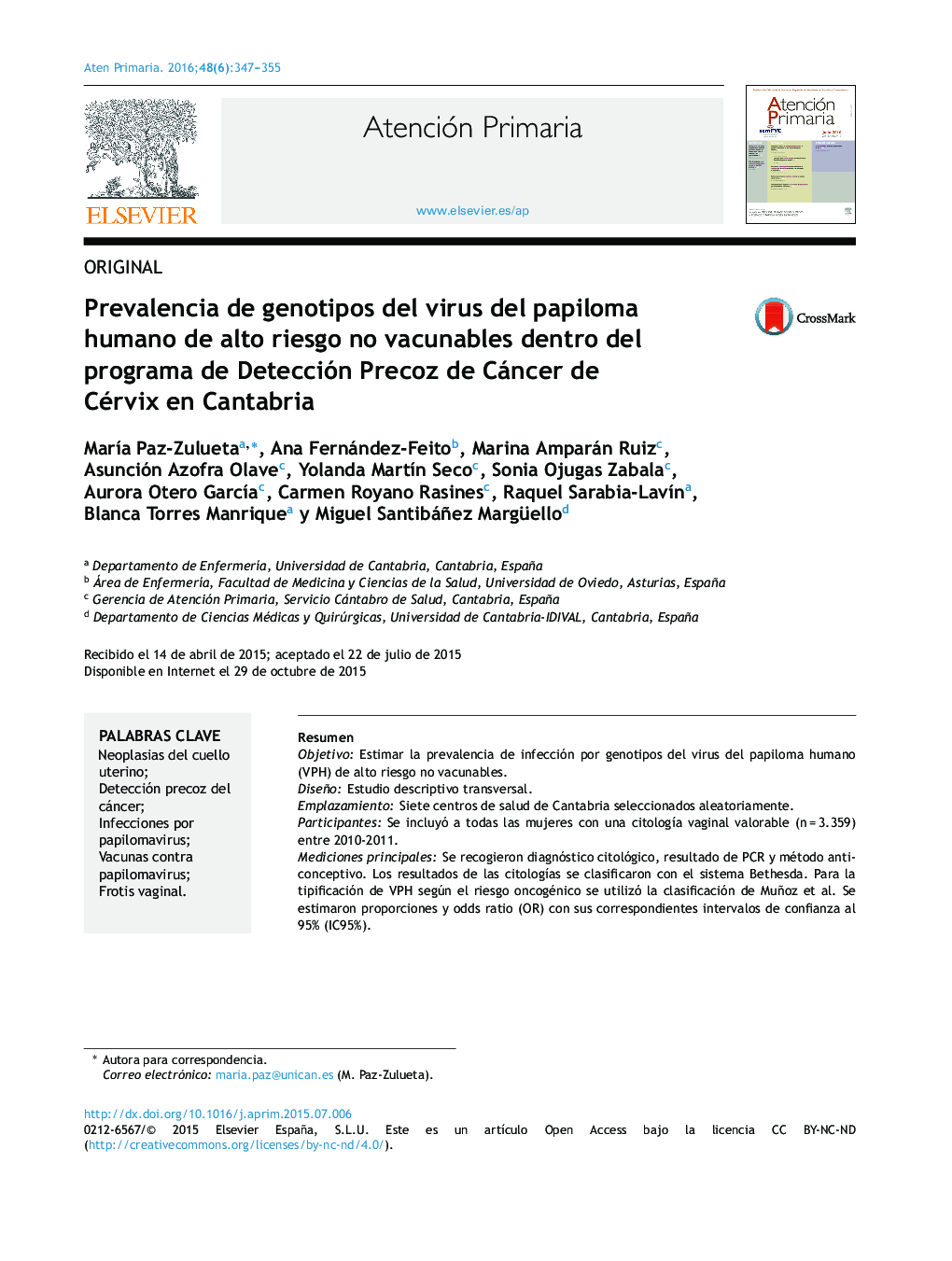 Prevalencia de genotipos del virus del papiloma humano de alto riesgo no vacunables dentro del programa de Detección Precoz de Cáncer de Cérvix en Cantabria