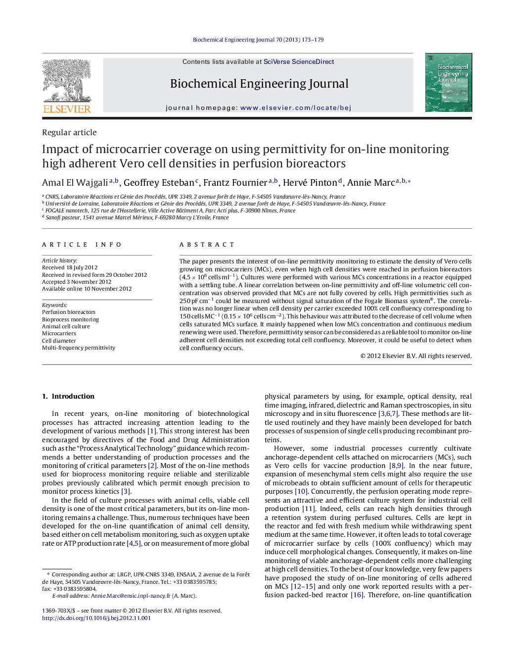 Impact of microcarrier coverage on using permittivity for on-line monitoring high adherent Vero cell densities in perfusion bioreactors