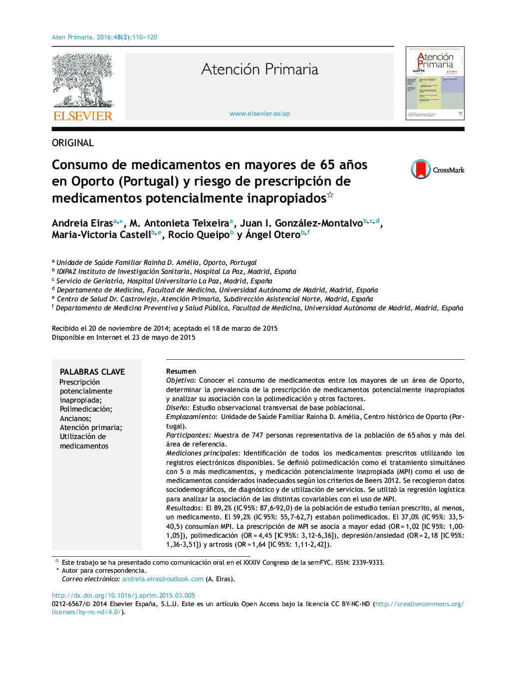 Consumo de medicamentos en mayores de 65 años en Oporto (Portugal) y riesgo de prescripción de medicamentos potencialmente inapropiados 