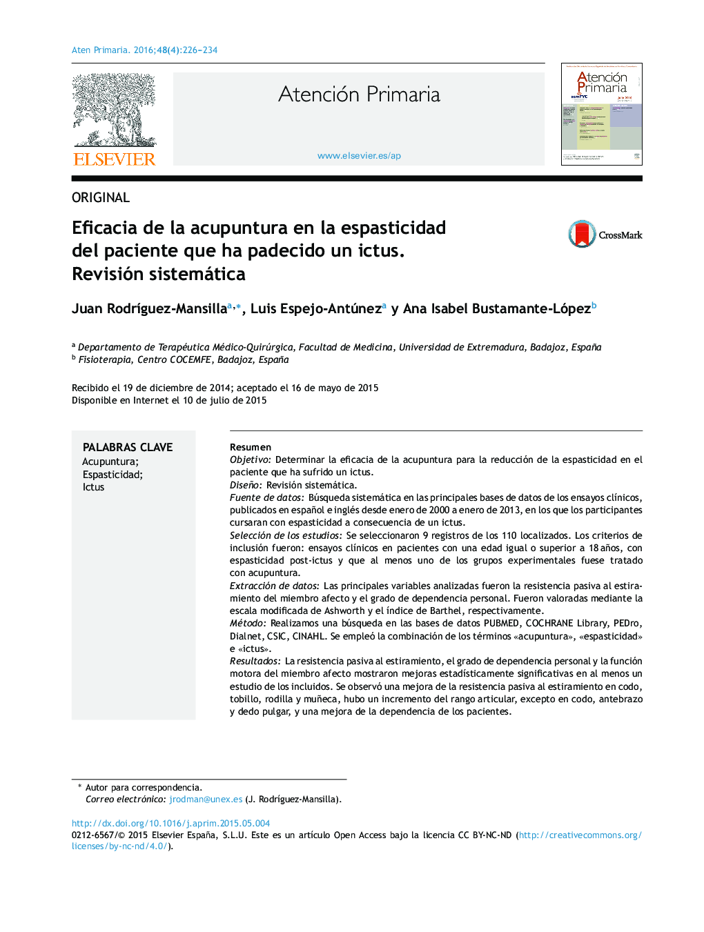 Eficacia de la acupuntura en la espasticidad del paciente que ha padecido un ictus. Revisión sistemática