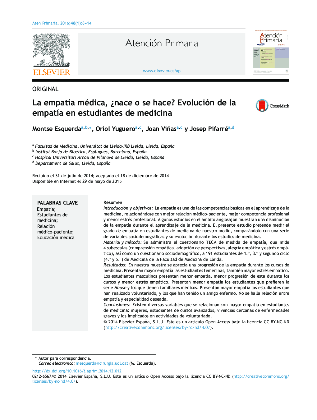 La empatía médica, ¿nace o se hace? Evolución de la empatía en estudiantes de medicina