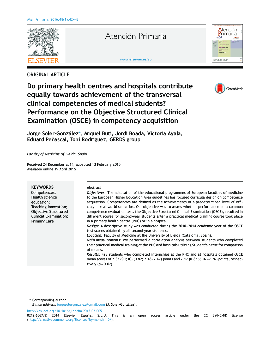 Do primary health centres and hospitals contribute equally towards achievement of the transversal clinical competencies of medical students? Performance on the Objective Structured Clinical Examination (OSCE) in competency acquisition