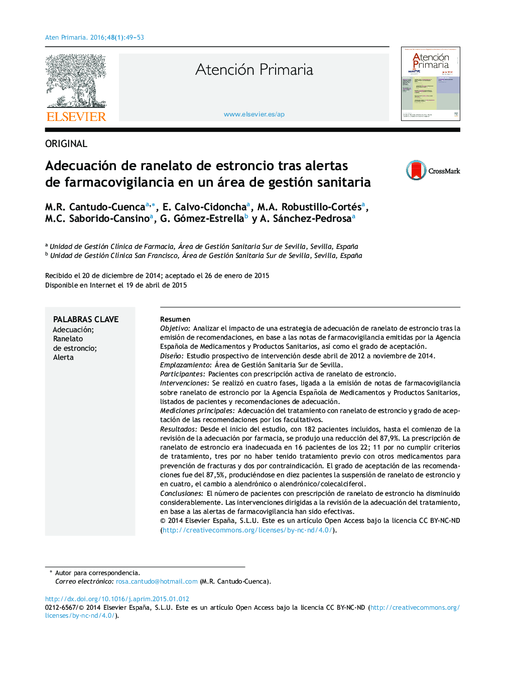 Adecuación de ranelato de estroncio tras alertas de farmacovigilancia en un área de gestión sanitaria