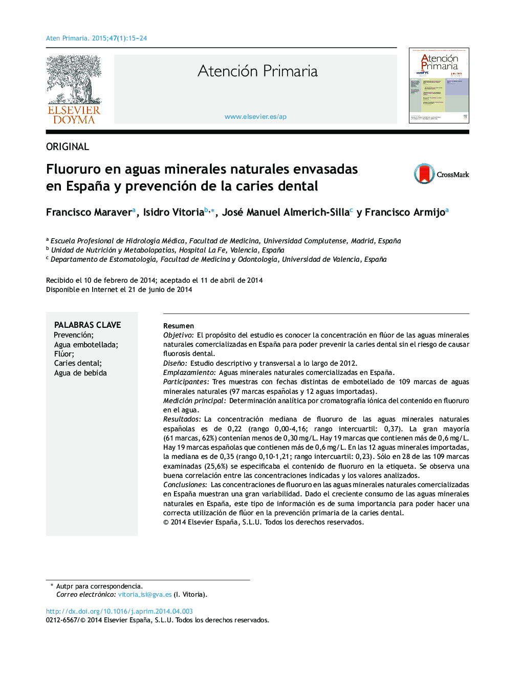 Fluoruro en aguas minerales naturales envasadas en España y prevención de la caries dental