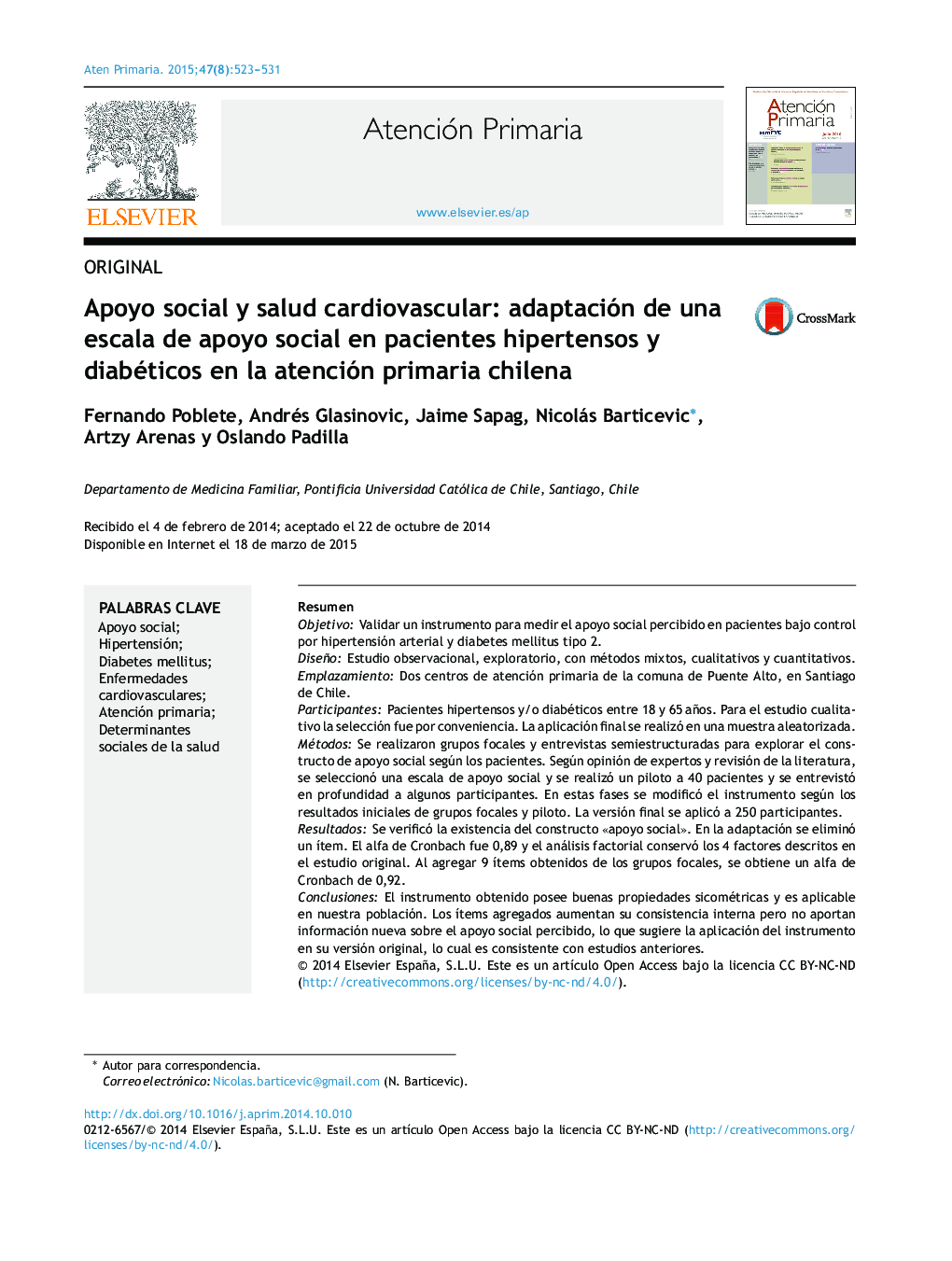Apoyo social y salud cardiovascular: adaptación de una escala de apoyo social en pacientes hipertensos y diabéticos en la atención primaria chilena