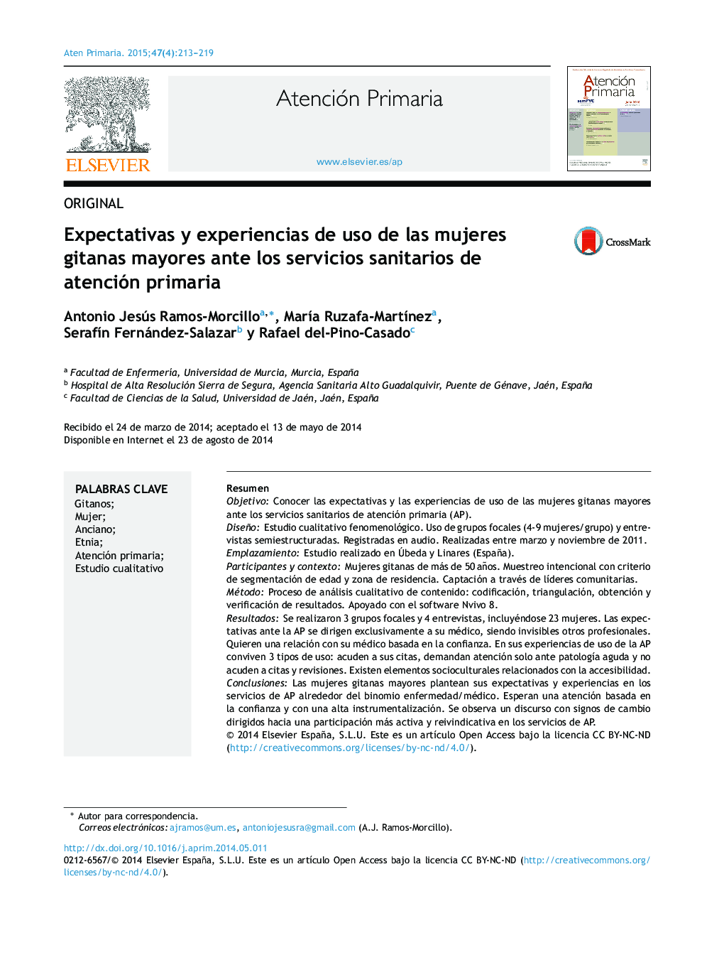 Expectativas y experiencias de uso de las mujeres gitanas mayores ante los servicios sanitarios de atención primaria