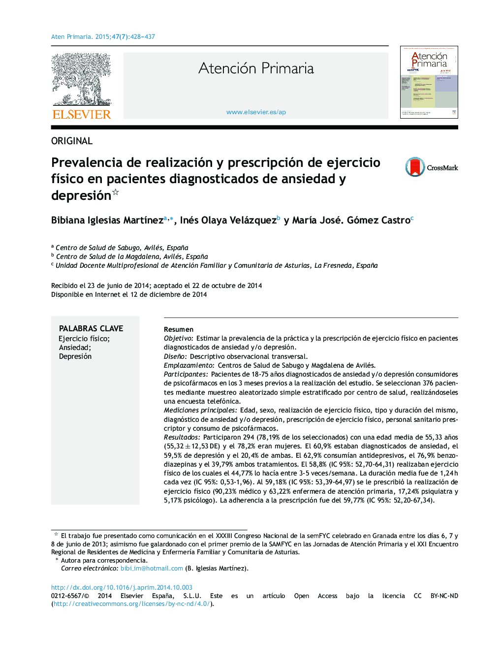 Prevalencia de realización y prescripción de ejercicio físico en pacientes diagnosticados de ansiedad y depresión 