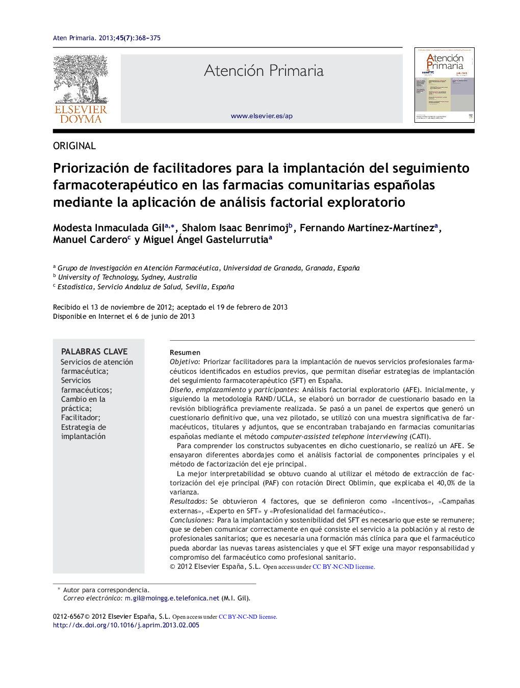 Priorización de facilitadores para la implantación del seguimiento farmacoterapéutico en las farmacias comunitarias españolas mediante la aplicación de análisis factorial exploratorio