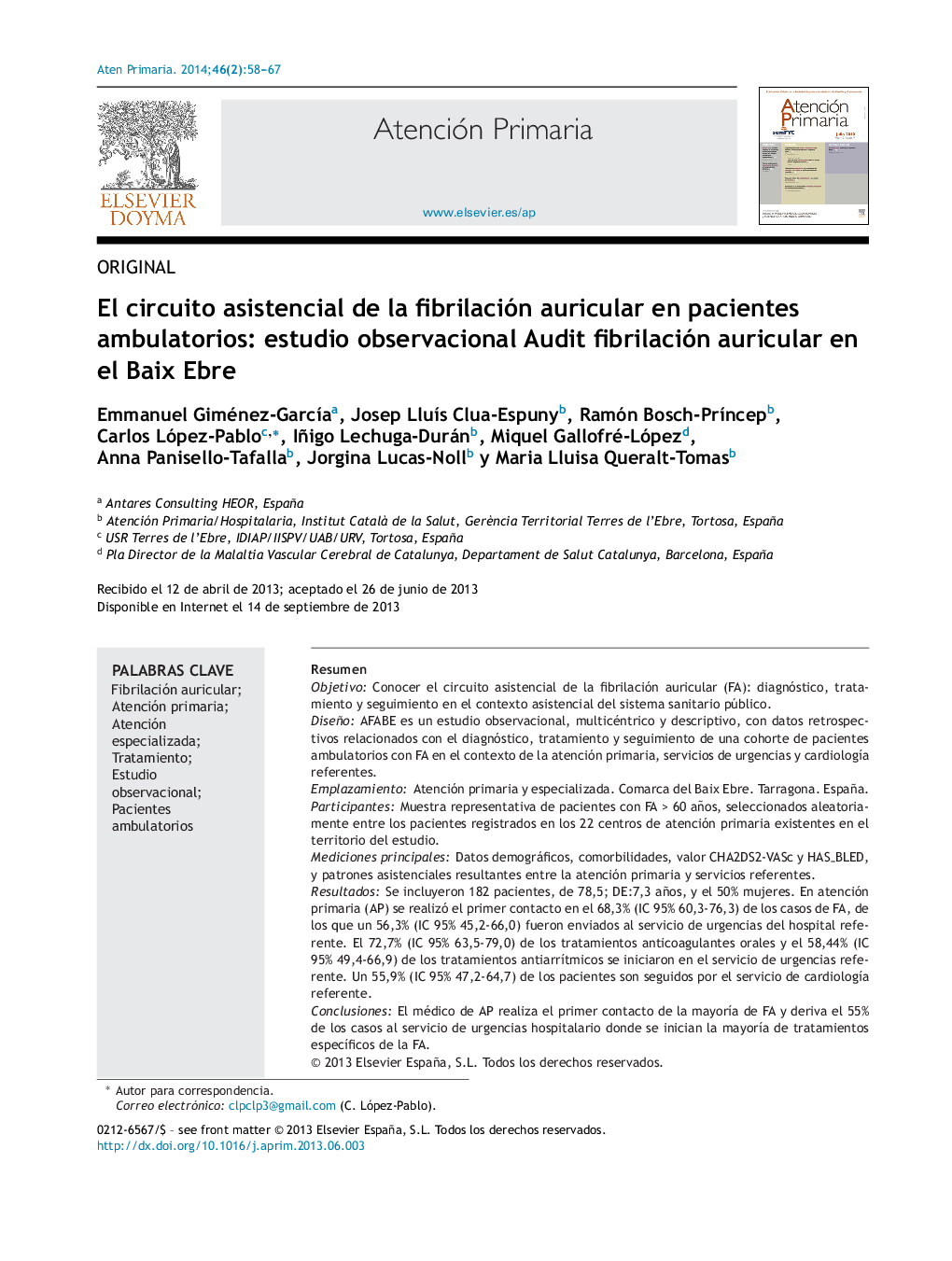 El circuito asistencial de la fibrilación auricular en pacientes ambulatorios: estudio observacional Audit fibrilación auricular en el Baix Ebre