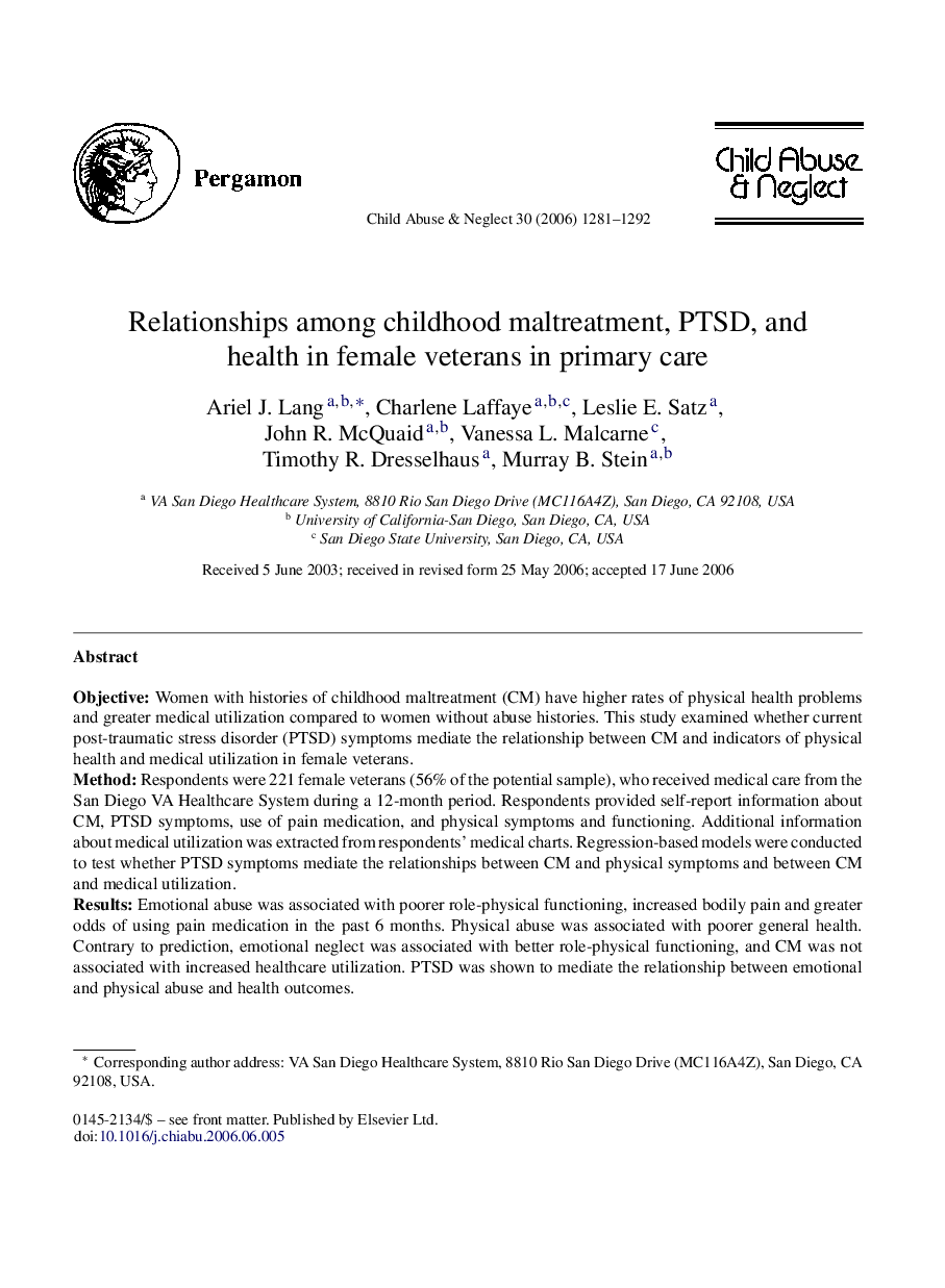 Relationships among childhood maltreatment, PTSD, and health in female veterans in primary care