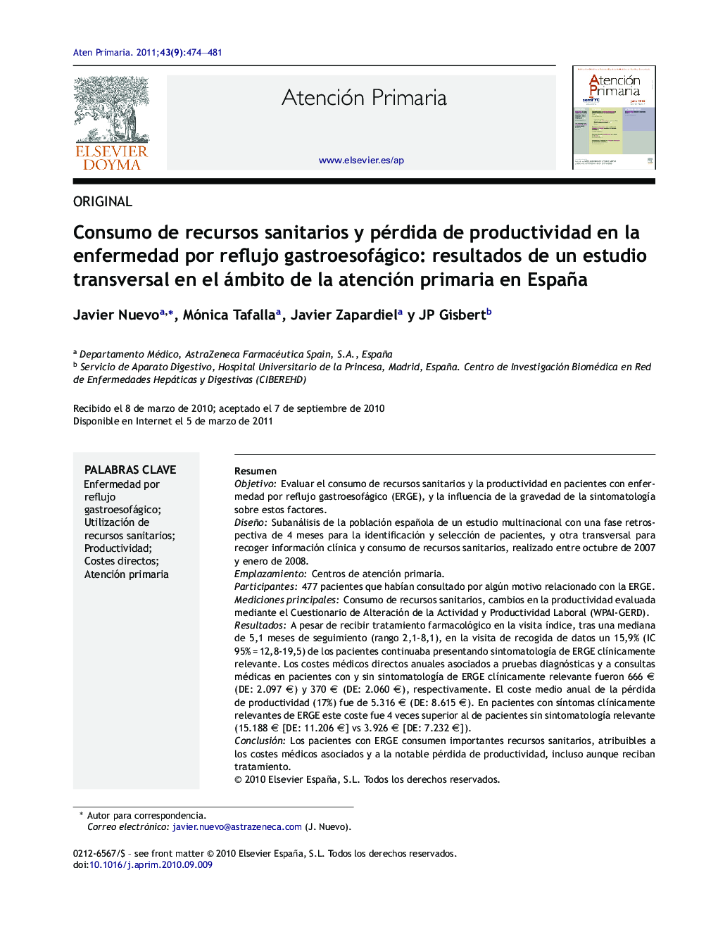 Consumo de recursos sanitarios y pérdida de productividad en la enfermedad por reflujo gastroesofágico: resultados de un estudio transversal en el ámbito de la atención primaria en España