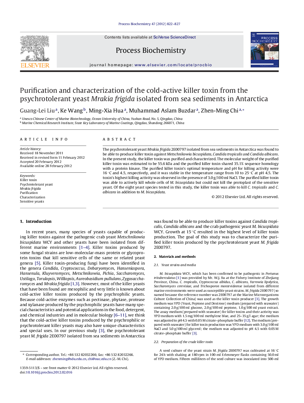 Purification and characterization of the cold-active killer toxin from the psychrotolerant yeast Mrakia frigida isolated from sea sediments in Antarctica