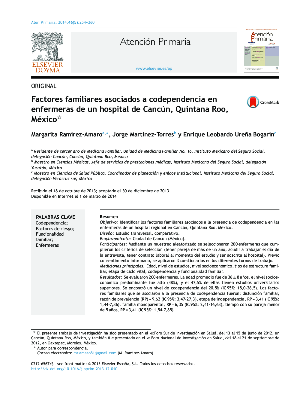 Factores familiares asociados a codependencia en enfermeras de un hospital de Cancún, Quintana Roo, México 
