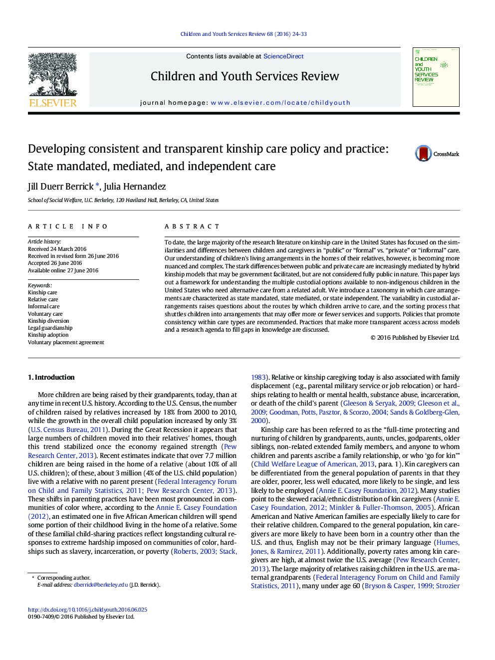 Developing consistent and transparent kinship care policy and practice: State mandated, mediated, and independent care