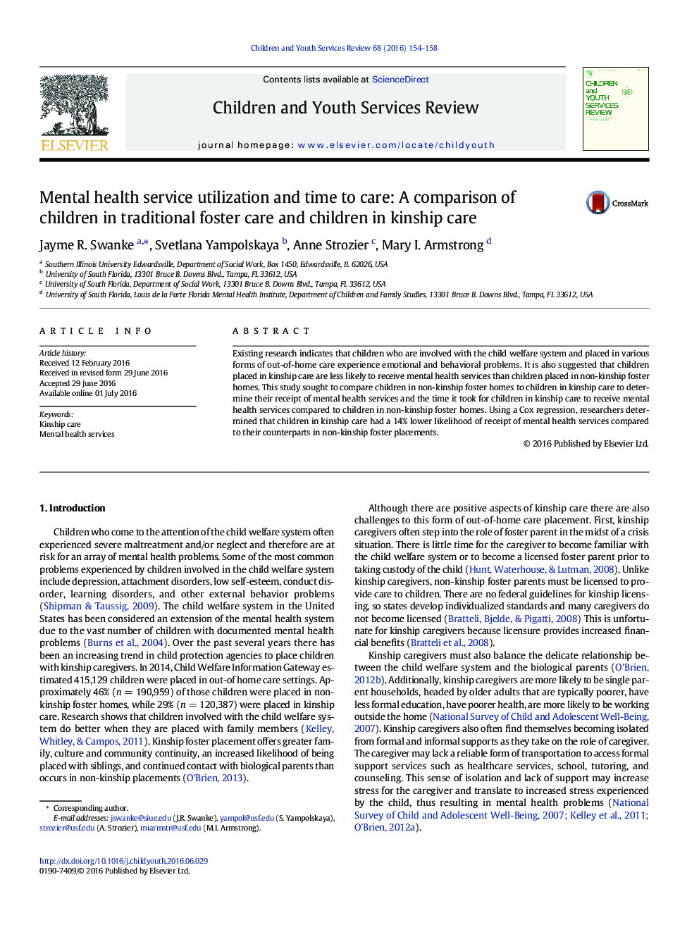 Mental health service utilization and time to care: A comparison of children in traditional foster care and children in kinship care