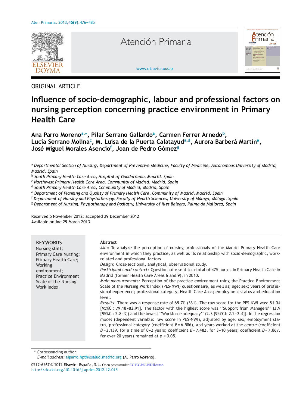 Influence of socio-demographic, labour and professional factors on nursing perception concerning practice environment in Primary Health Care