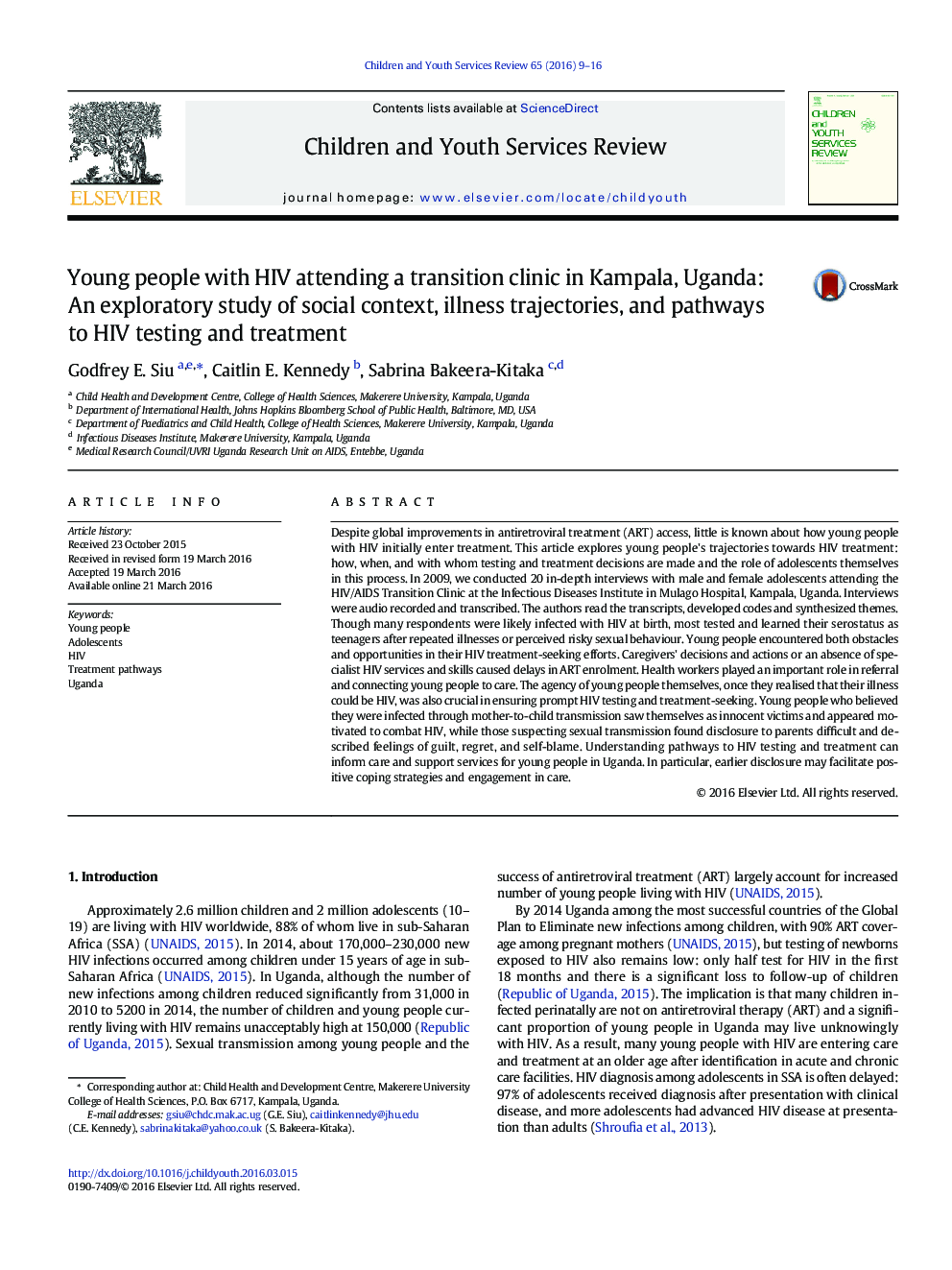 Young people with HIV attending a transition clinic in Kampala, Uganda: An exploratory study of social context, illness trajectories, and pathways to HIV testing and treatment