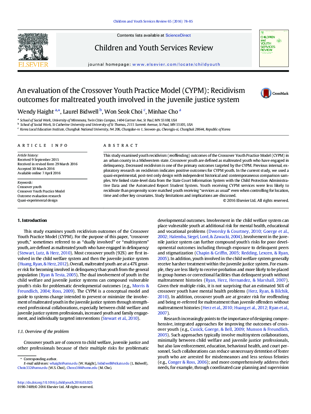 An evaluation of the Crossover Youth Practice Model (CYPM): Recidivism outcomes for maltreated youth involved in the juvenile justice system