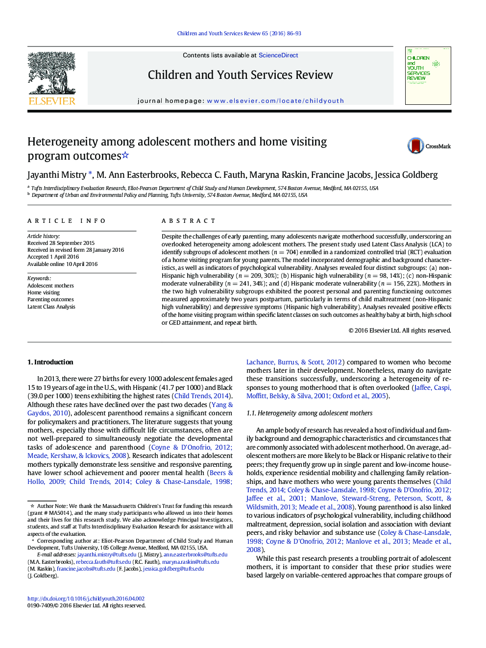 Heterogeneity among adolescent mothers and home visiting program outcomes 