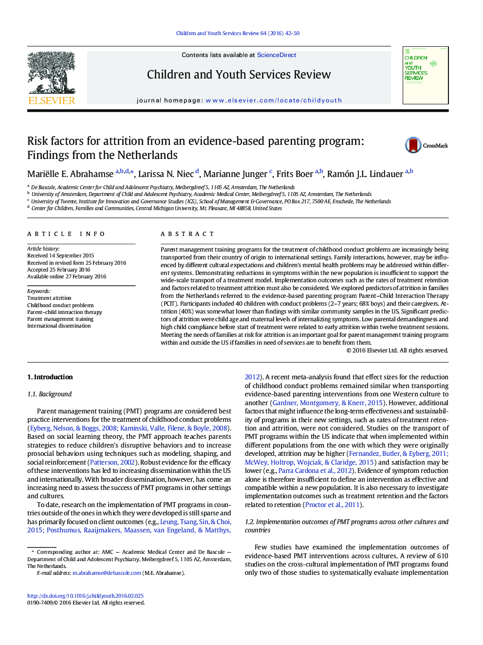 Risk factors for attrition from an evidence-based parenting program: Findings from the Netherlands