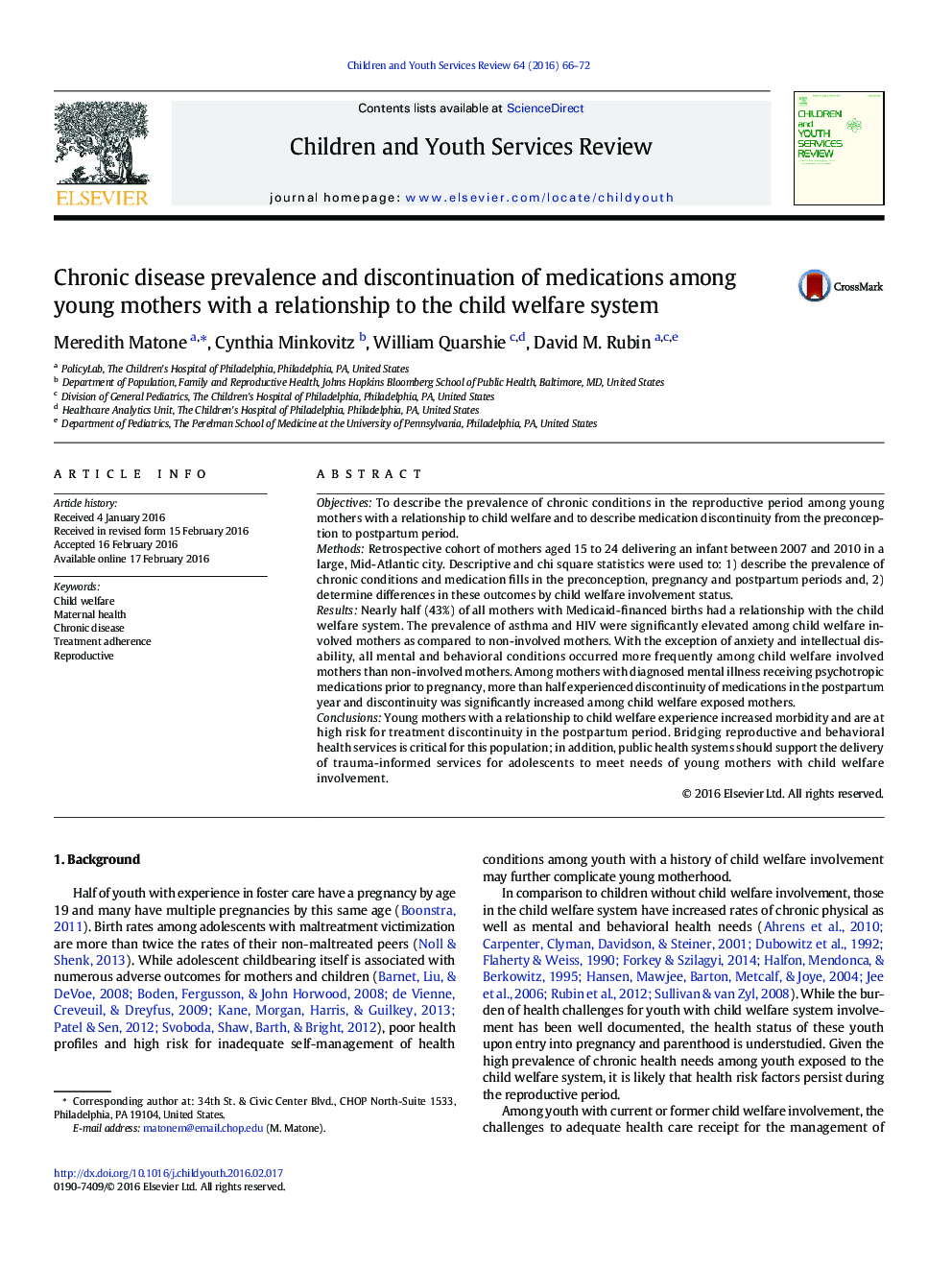 Chronic disease prevalence and discontinuation of medications among young mothers with a relationship to the child welfare system