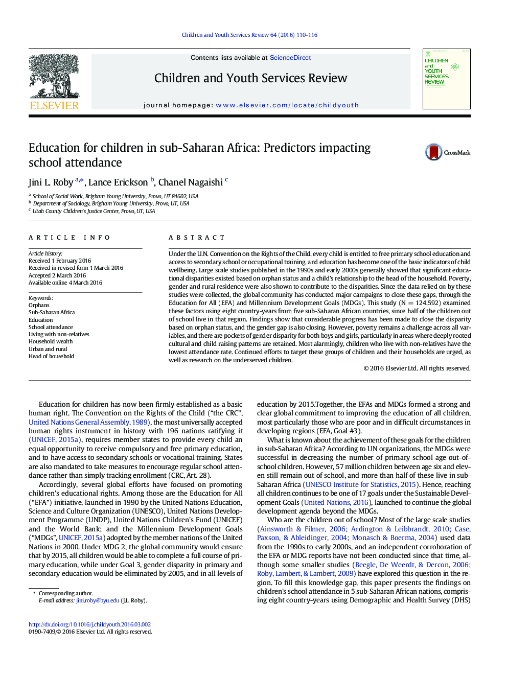 Education for children in sub-Saharan Africa: Predictors impacting school attendance