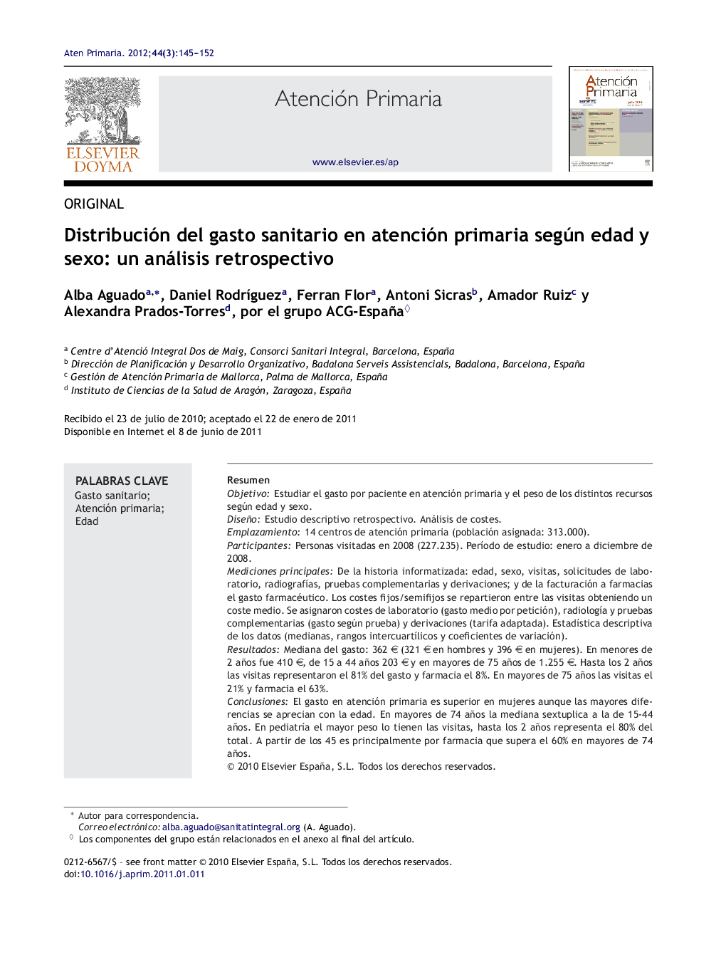 Distribución del gasto sanitario en atención primaria según edad y sexo: un análisis retrospectivo